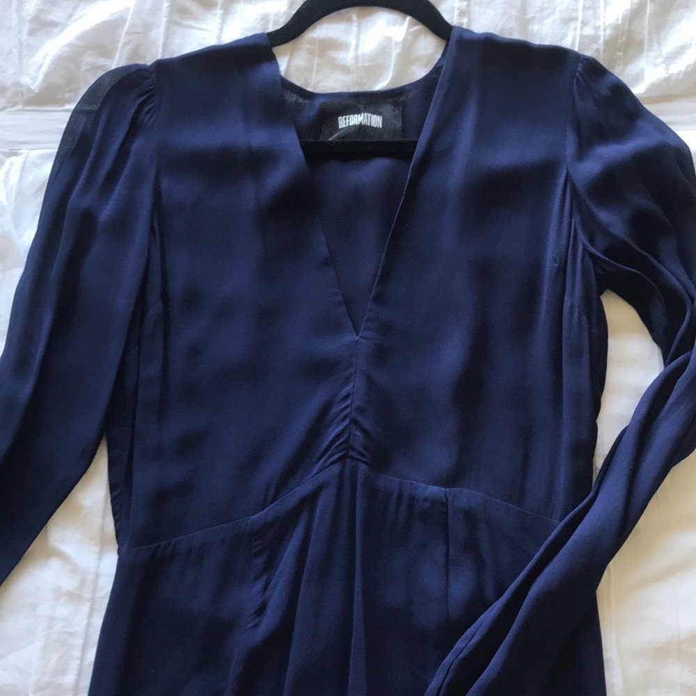 Reformation blue long sleeved maxi dress with slit